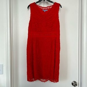 ANTONIO MELANI Red Lace V-Neck Scalloped Hem Dress. Size 12